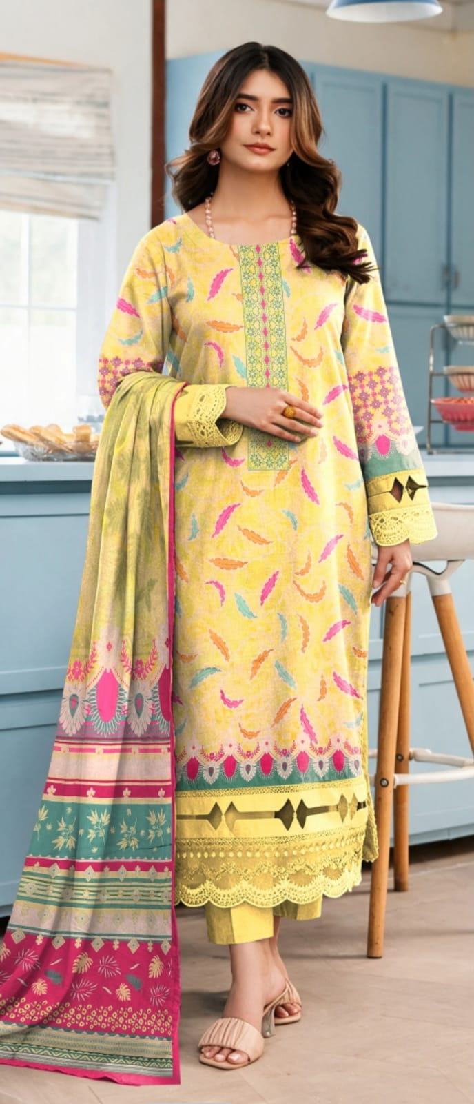 Noreya Loom Sunshine yellow printed 3-piece winter suit with elegant design and intricate patterns, stylish and warm for winter wear.