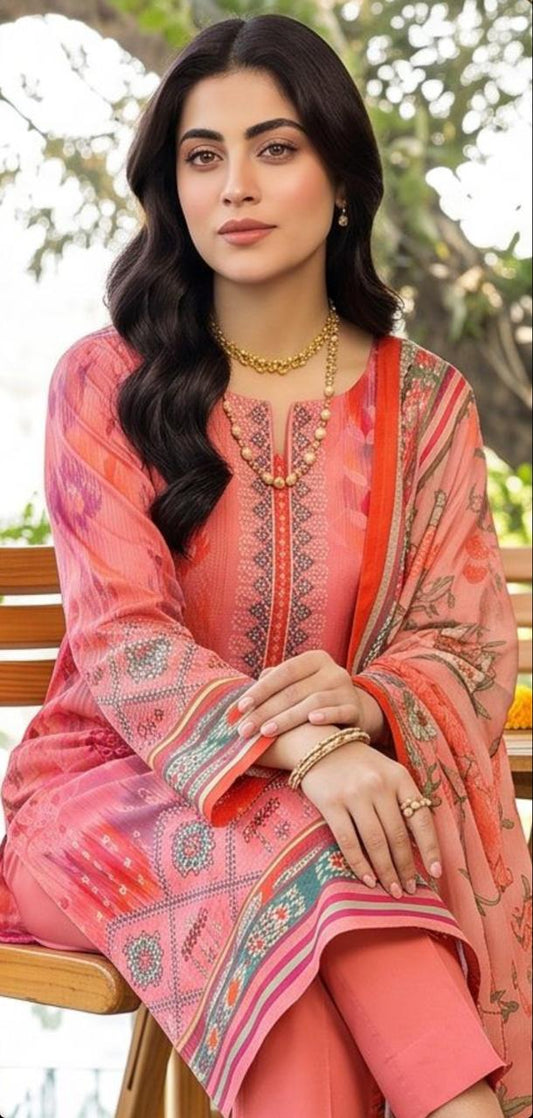 Coral pink printed 3-piece winter suit from Noreya Loom, featuring elegant patterns and cozy fabric for winter wear.