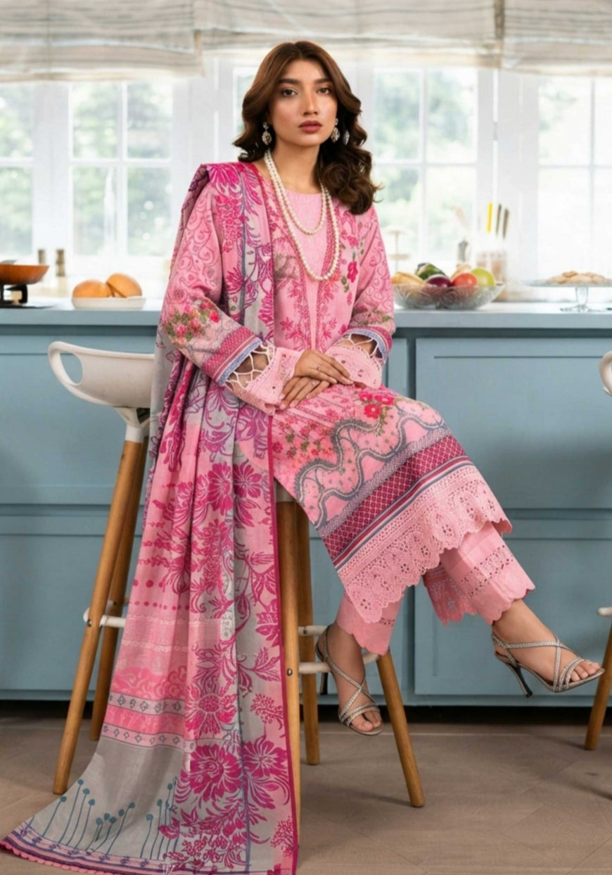 Pink floral printed 3-piece suit with designer dupatta by Noreya Loom, featuring intricate embroidery and vibrant fabric details.