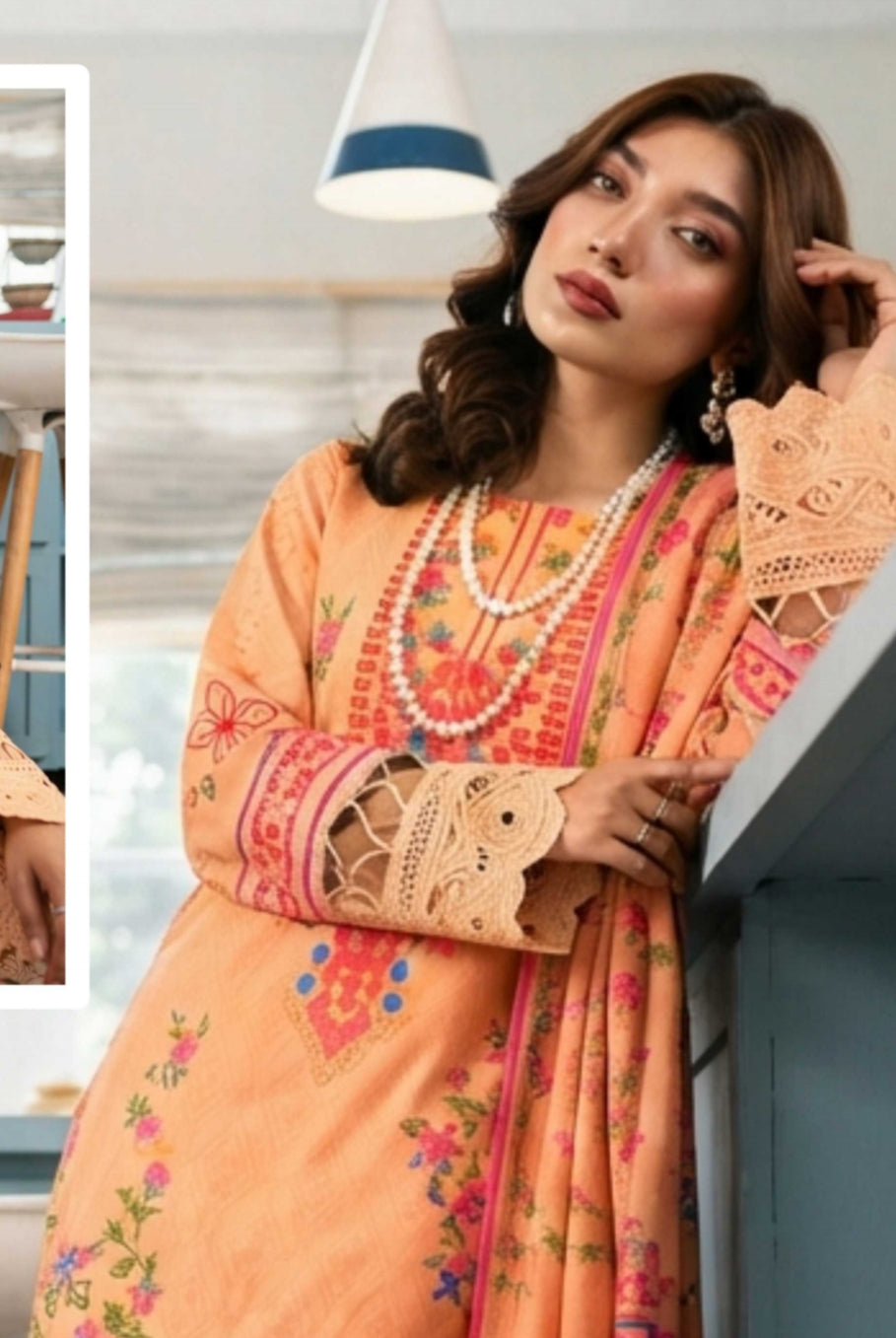 Peach floral printed 3-piece suit with designer dupatta by Noreya Loom, featuring intricate embroidery and elegant fabric details.