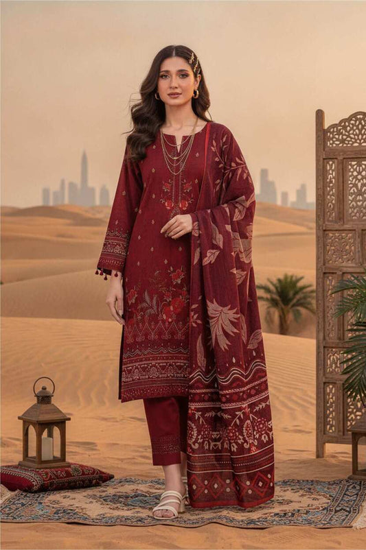 Maroon elegance printed lawn 3-piece suit with intricate patterns, featuring a long shirt, matching trousers, and a dupatta.