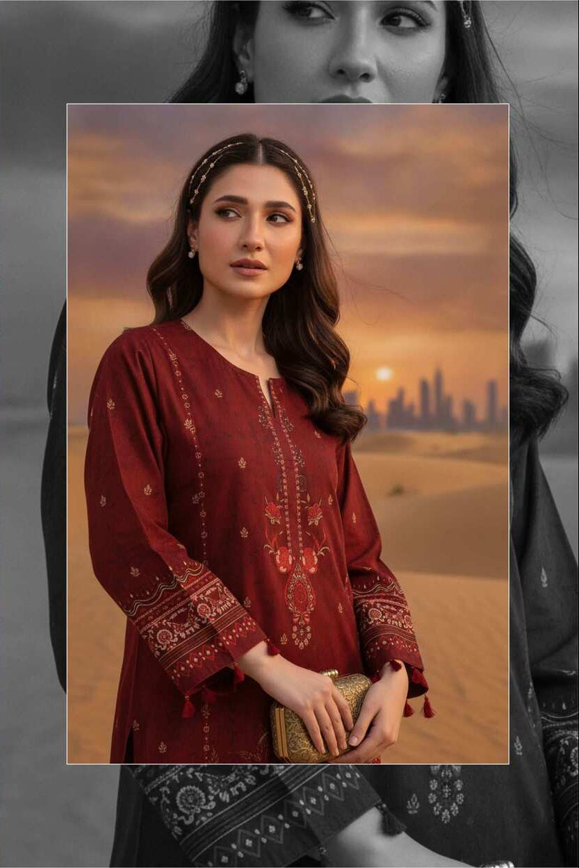 Maroon Elegance printed lawn 3-piece suit featuring intricate designs and traditional style, displayed on a hanger or worn.