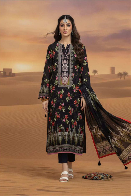 Black floral printed lawn 3-piece suit with matching top, trousers, and dupatta, showcasing elegant floral designs.
