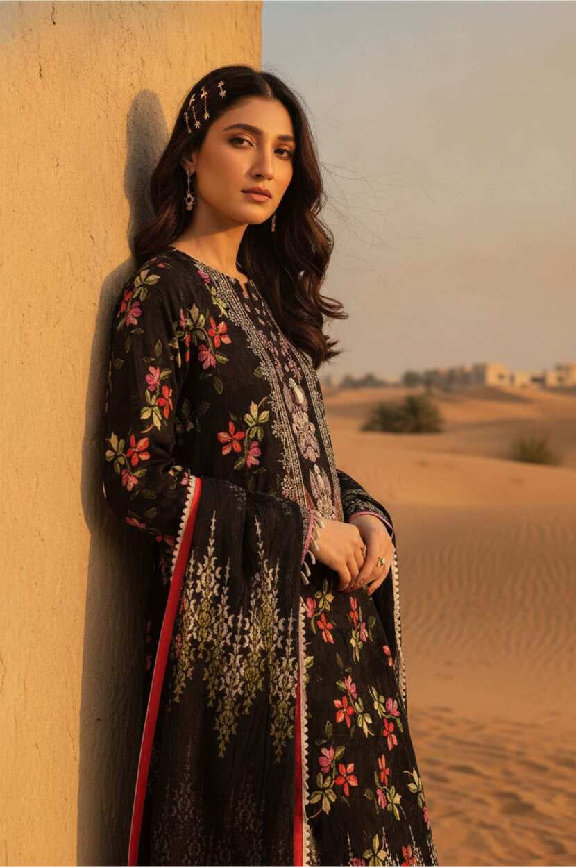 Black floral printed lawn 3-piece suit with matching dupatta and trousers, showcasing vibrant floral designs for traditional wear.