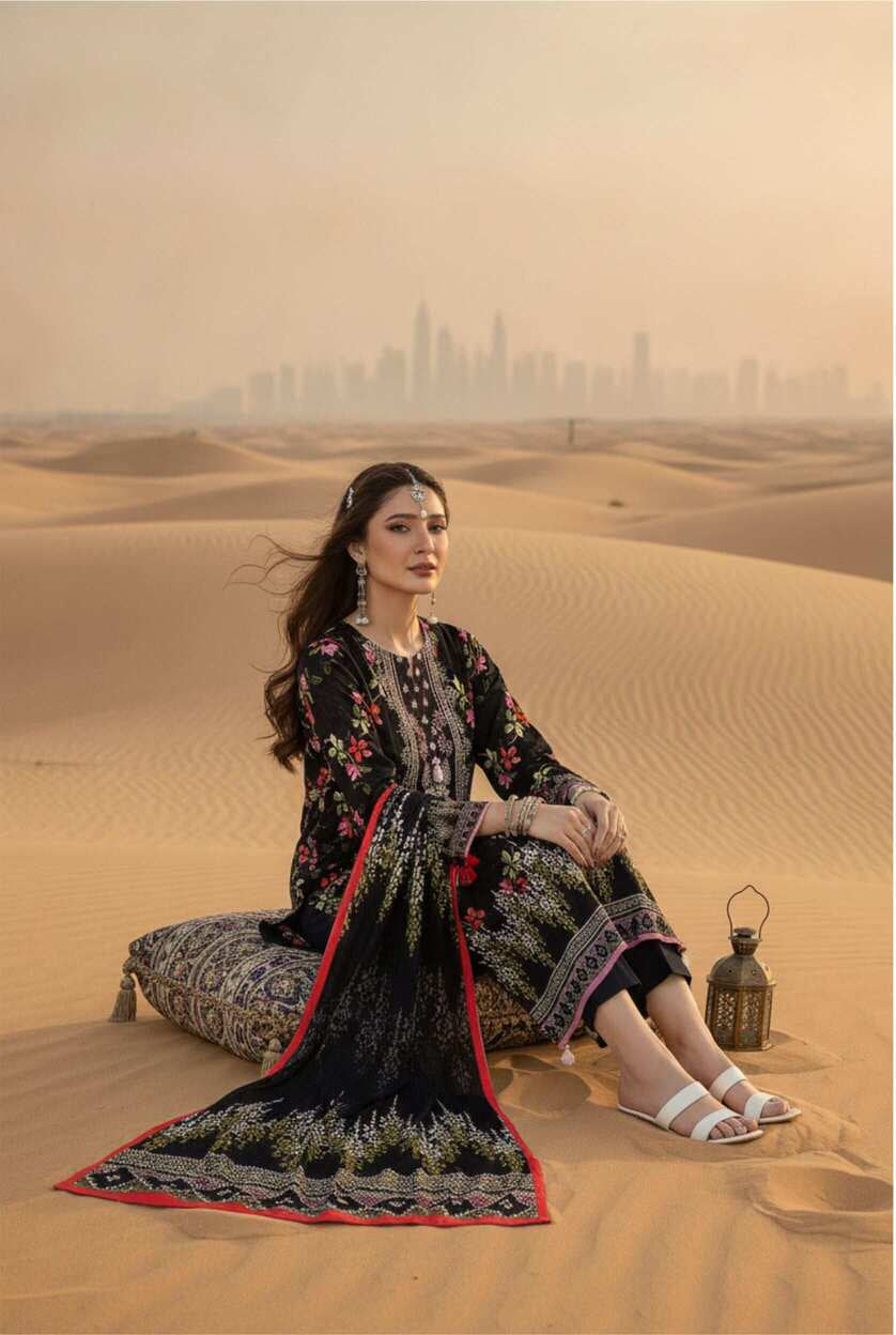 Black floral printed lawn 3-piece suit with matching dupatta and trousers, stylish traditional outfit by My Store.