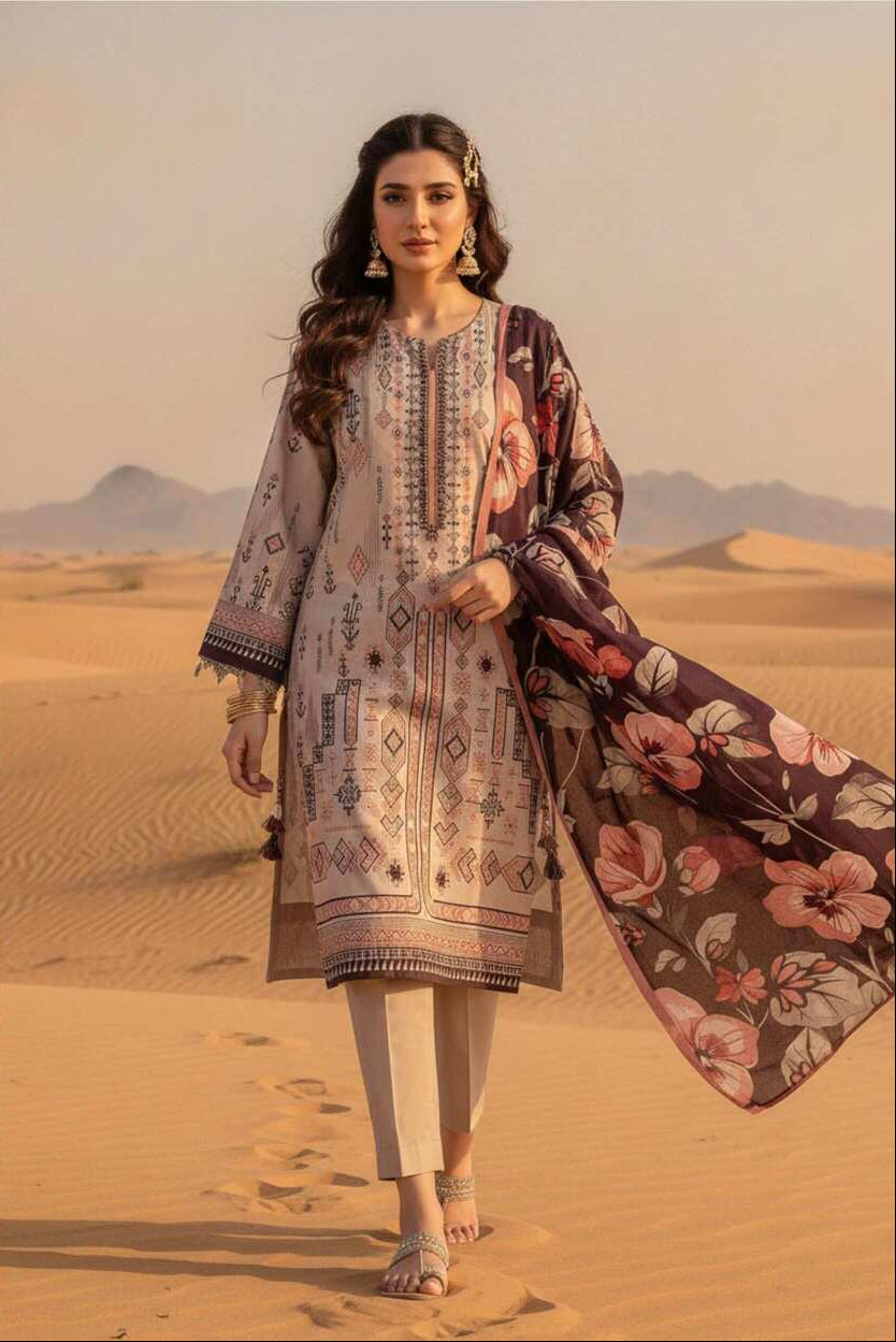 Ivory and plum floral printed lawn 3-piece suit with traditional design, including a long tunic, trousers, and matching dupatta.