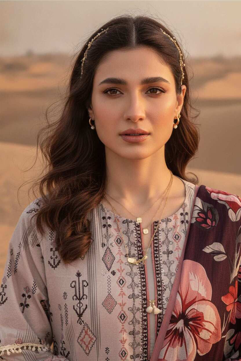 Ivory and plum floral printed lawn 3-piece suit featuring a top, trousers, and a dupatta with vibrant floral designs.