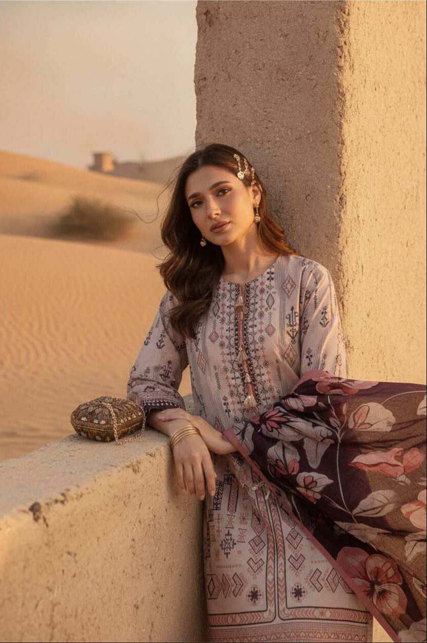 Ivory and plum floral printed lawn 3-piece suit with matching dupatta and trousers, showcasing elegant traditional design.