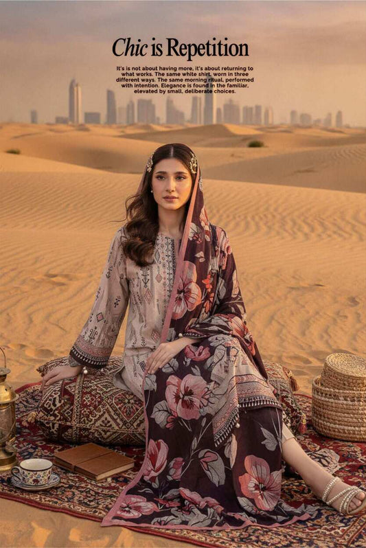 Ivory and plum floral printed lawn 3-piece suit with matching dupatta, designed by My Store, displayed on a hanger.