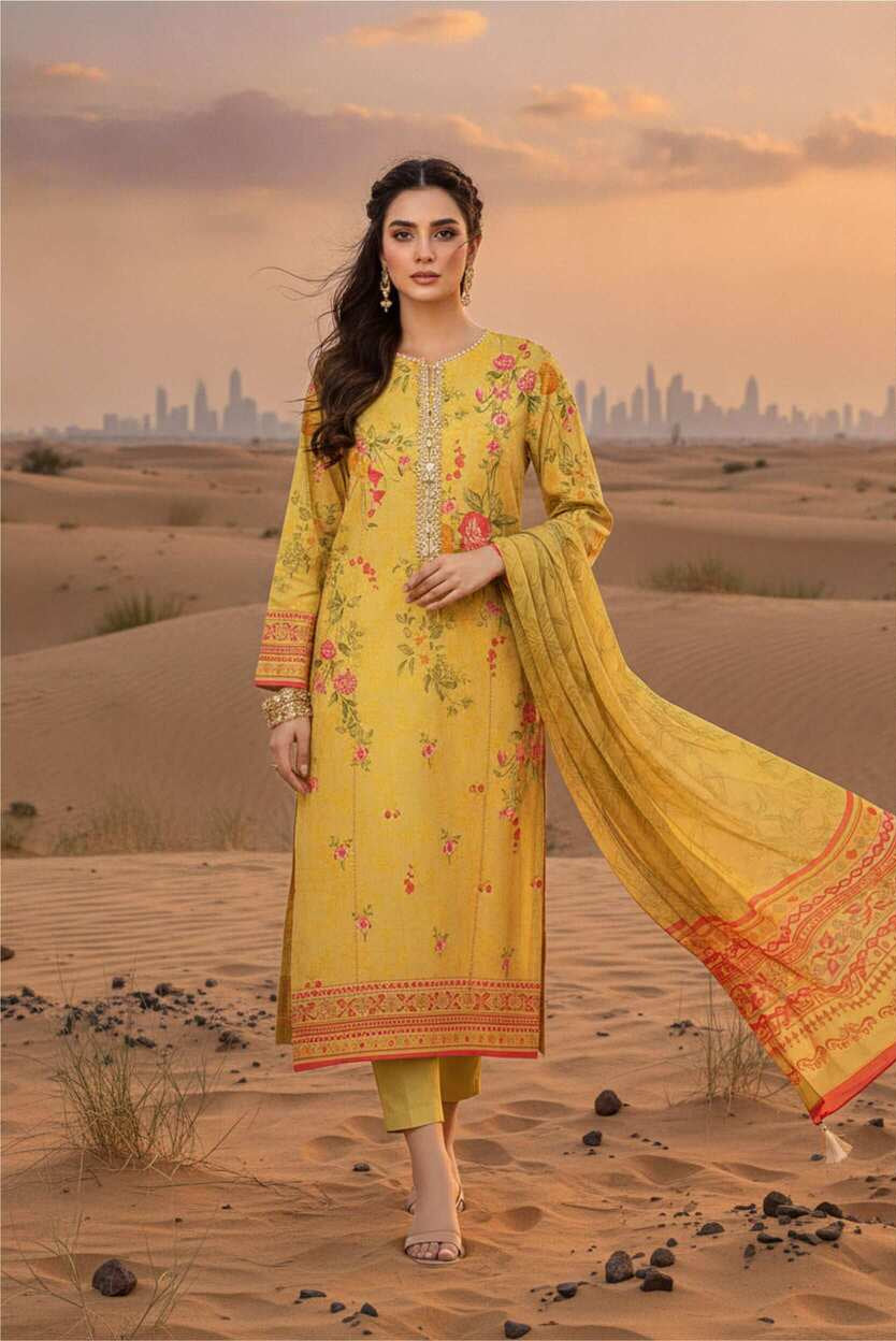 Sunshine yellow floral printed lawn 3-piece suit featuring a kurta, trousers, and dupatta from My Store.