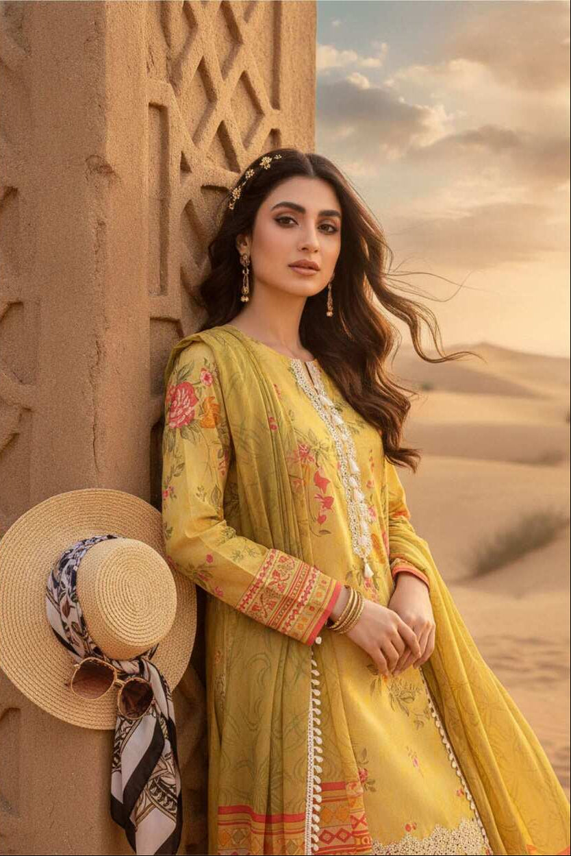 Sunshine yellow floral printed lawn 3-piece suit with matching top, trousers, and dupatta, designed for elegant summer wear.