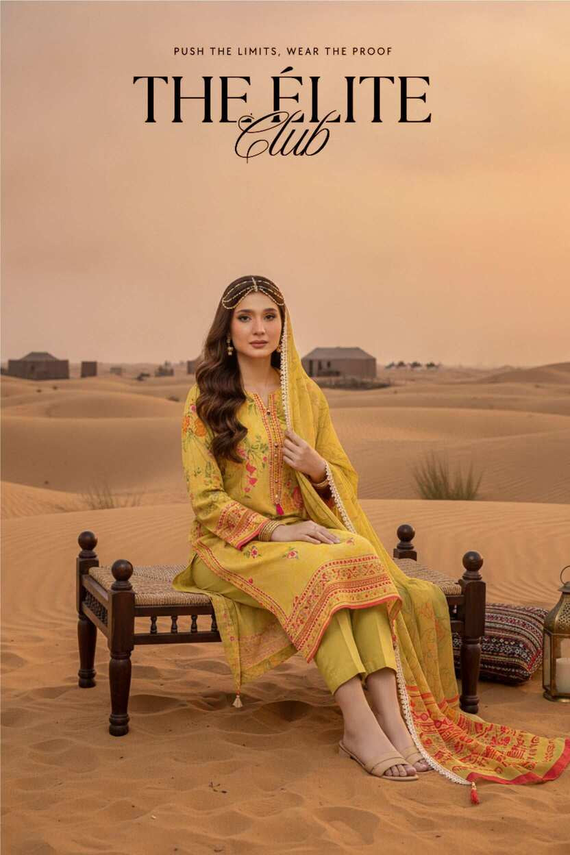 Sunshine yellow floral printed lawn 3-piece suit with a matching top, trousers, and dupatta, showcasing vibrant floral designs.