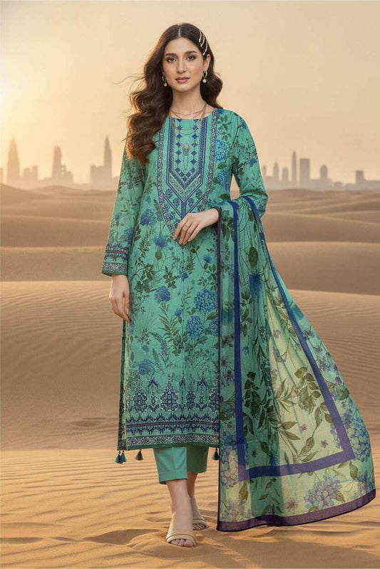 Aqua blue floral printed lawn 3-piece suit with matching dupatta and bottoms, showcasing vibrant floral designs and lightweight fabric.