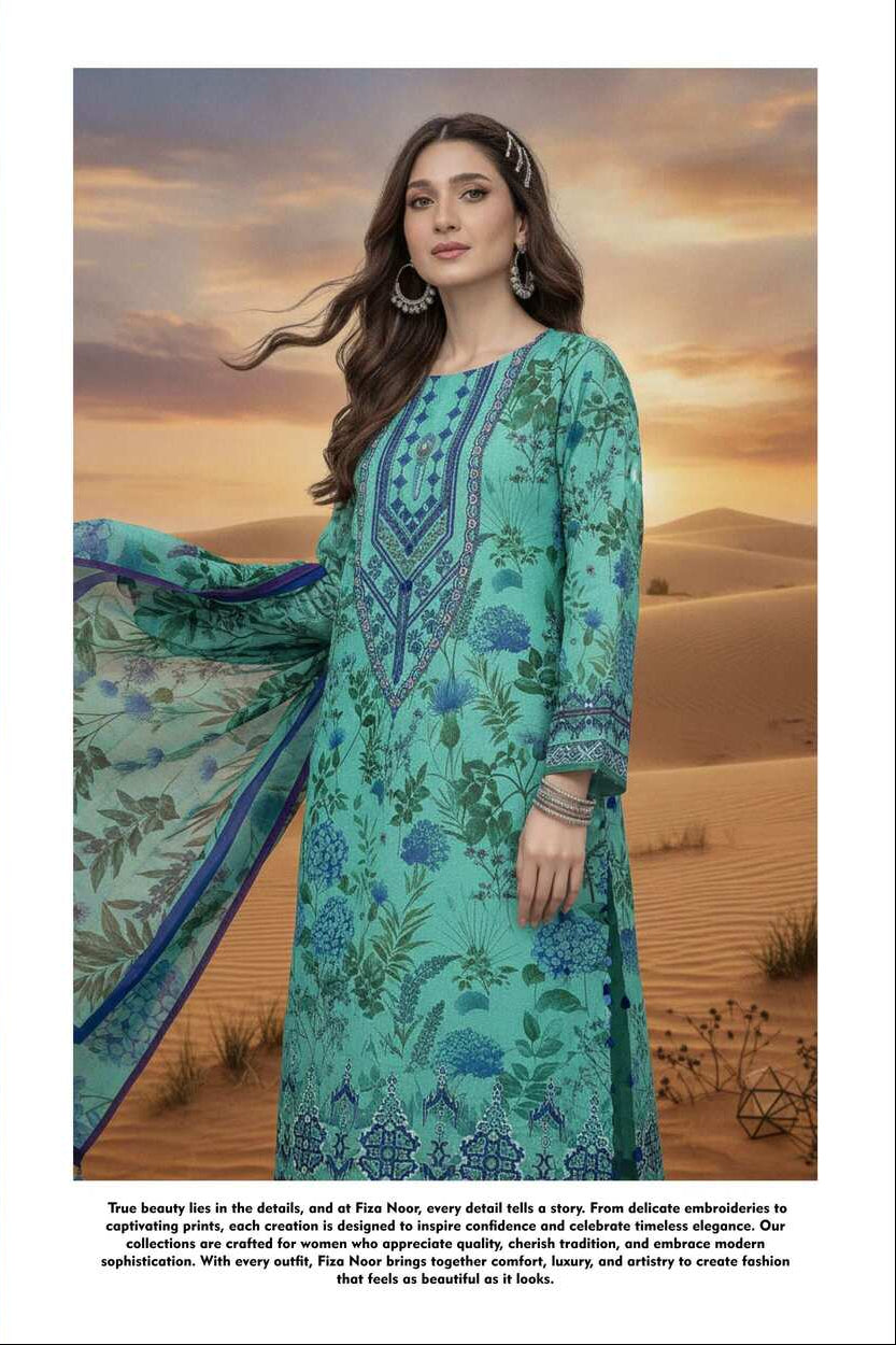 Aqua blue floral printed lawn 3-piece suit with matching top, bottoms, and dupatta, featuring vibrant floral patterns.