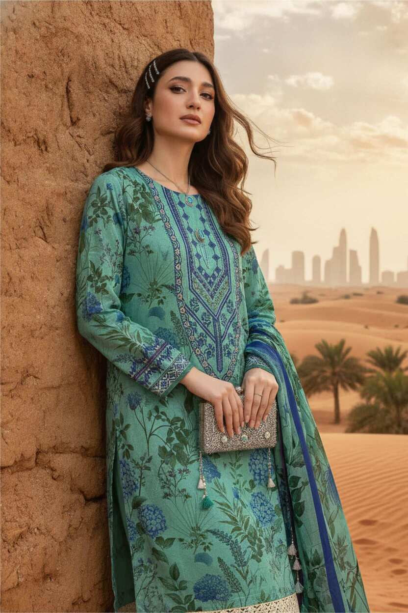 Aqua blue floral printed lawn 3-piece suit with matching dupatta and trousers, showcasing vibrant floral designs.