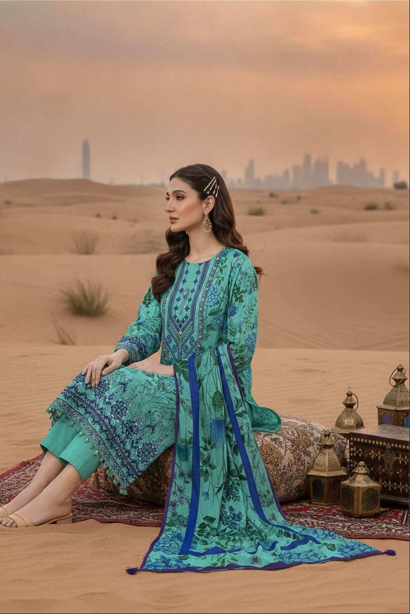 Aqua blue floral printed lawn 3-piece suit with matching dupatta and embroidered details, perfect for traditional occasions.