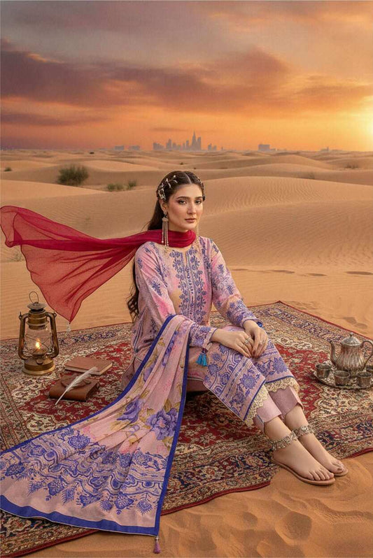 Pastel pink and lavender printed 3-piece lawn suit with matching top, pants, and dupatta, designed by My Store.