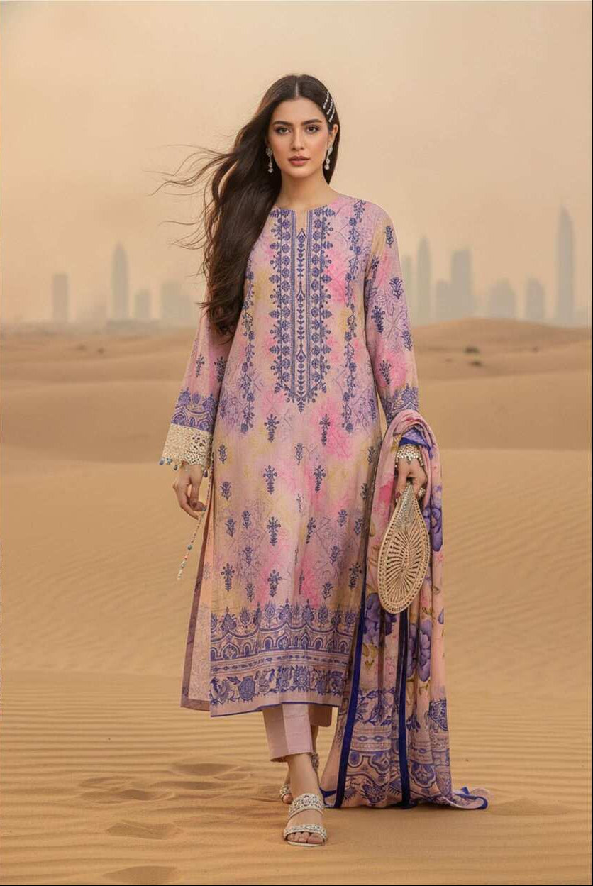 Pastel pink and lavender printed 3-piece lawn suit with floral patterns, displayed on a hanger, showcasing traditional Pakistani clothing style.