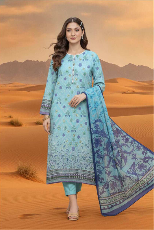 Sky blue floral printed 3-piece suit from Pakistani lawn collection, featuring intricate floral patterns and elegant design.