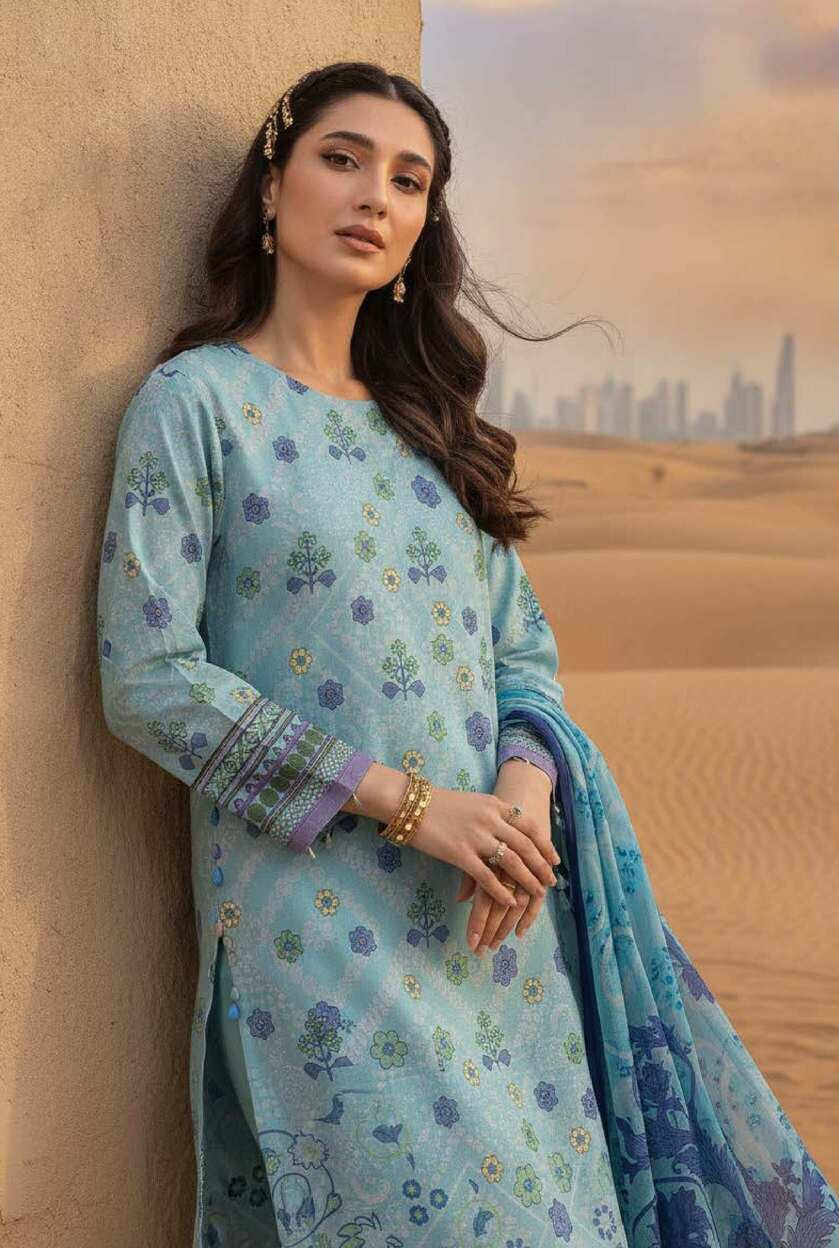 Sky blue floral printed 3-piece Pakistani lawn suit with matching embroidered dupatta and trousers, elegant and vibrant for traditional wear