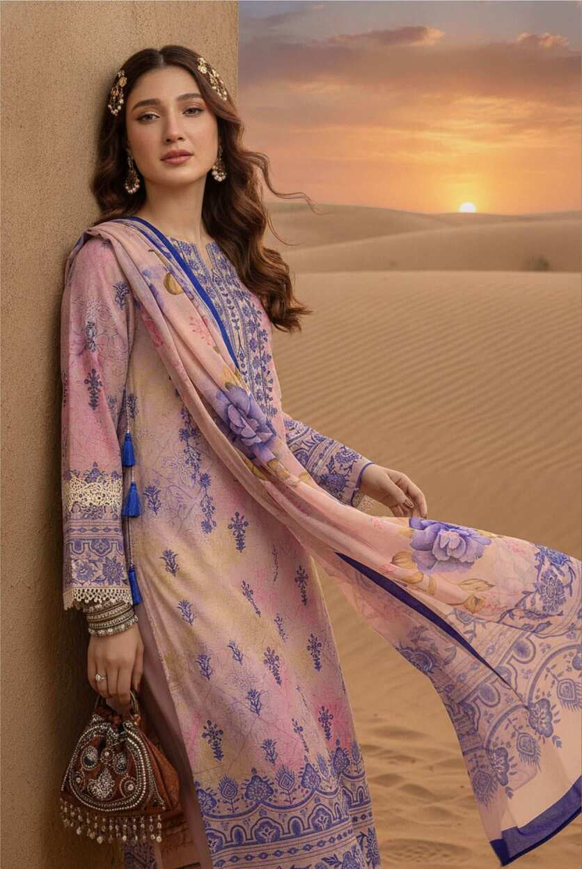 Pastel pink and lavender printed 3-piece lawn suit with floral patterns, featuring a top, pants, and dupatta.