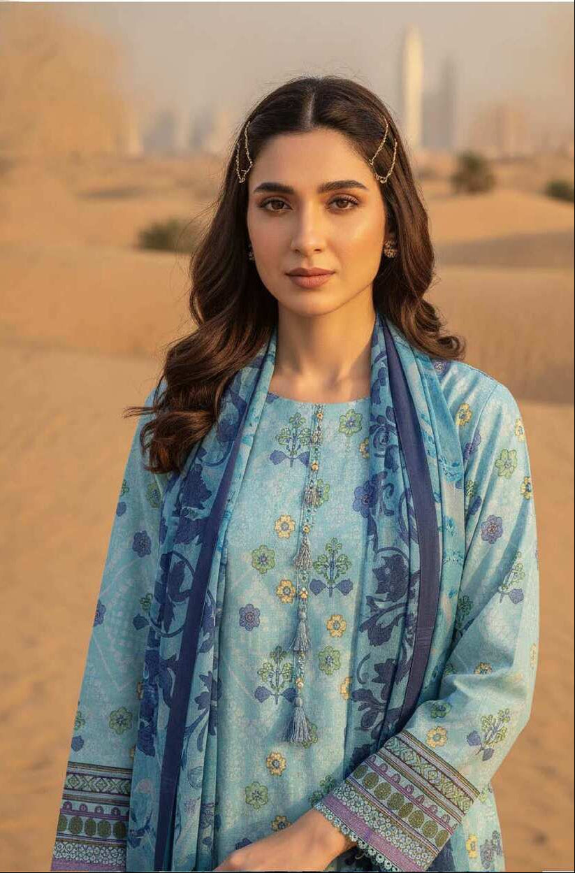 Sky blue floral printed 3-piece suit from My Store's Pakistani lawn collection, featuring elegant floral design and lightweight fabric.