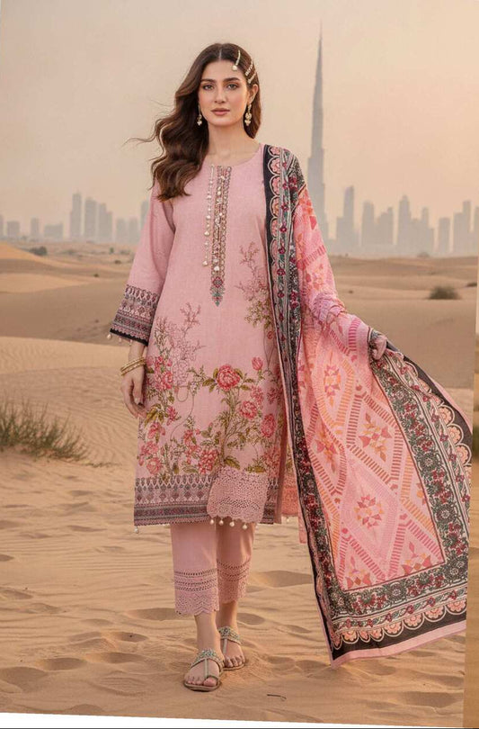 Blush pink floral printed 3-piece Pakistani lawn suit with matching dupatta and trousers, elegant traditional attire from My Store.