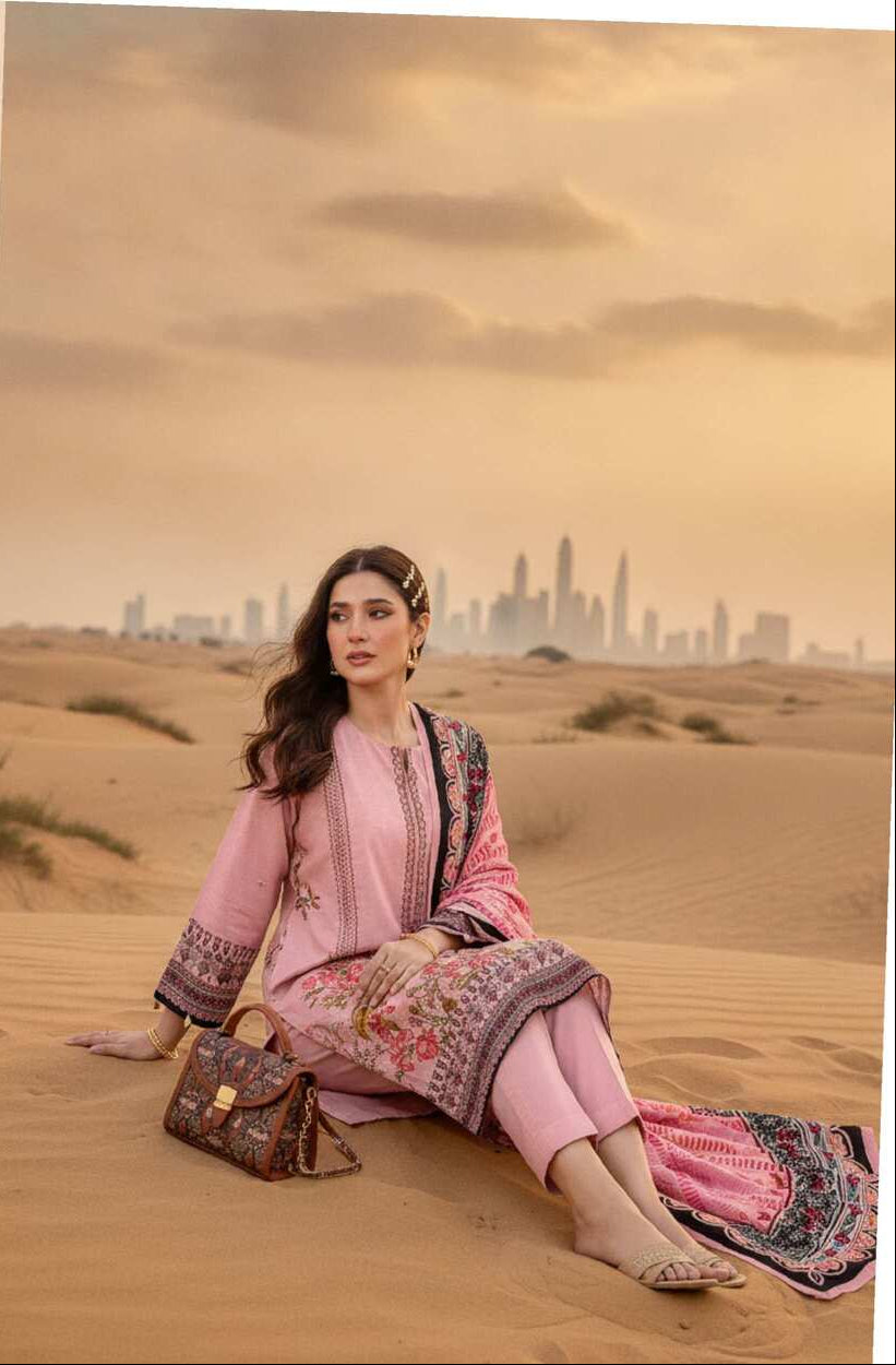 Blush pink floral printed 3-piece Pakistani lawn suit with elegant design, featuring intricate patterns and lightweight fabric.