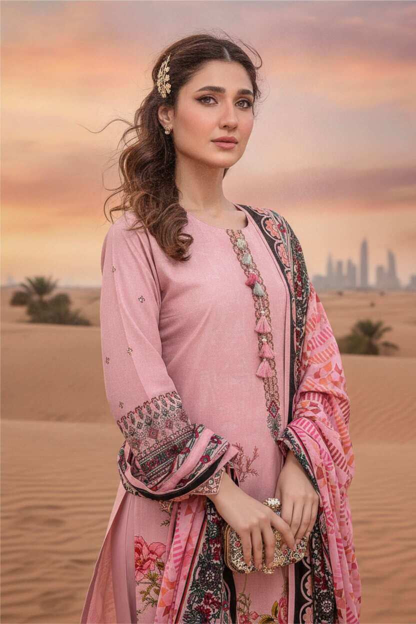 Blush pink floral printed 3-piece Pakistani lawn suit with intricate embroidery and matching dupatta, stylish and elegant.