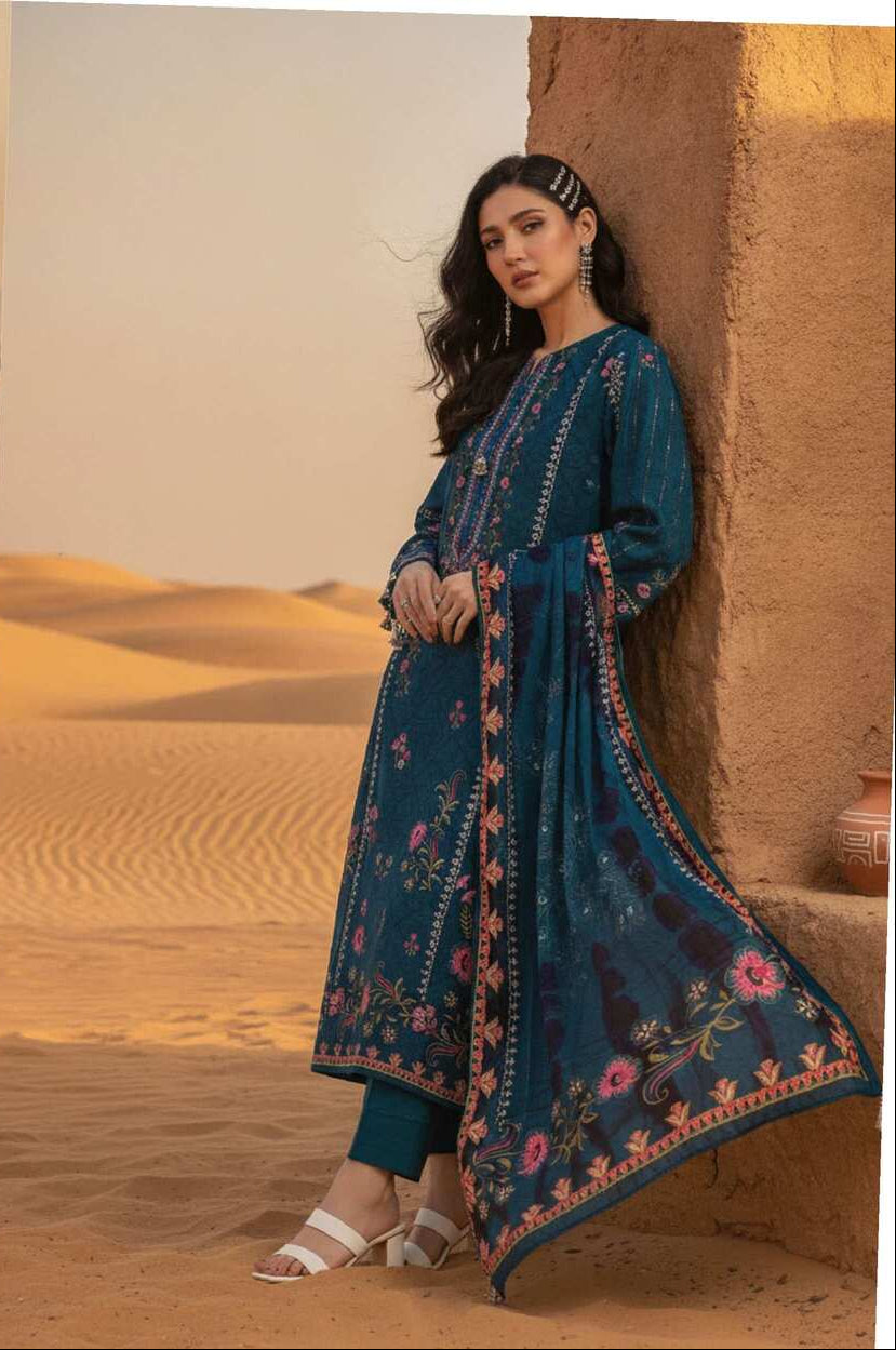 Teal blue floral printed 3-piece Pakistani lawn suit with matching dupatta and trousers, elegant traditional attire from My Store collection.