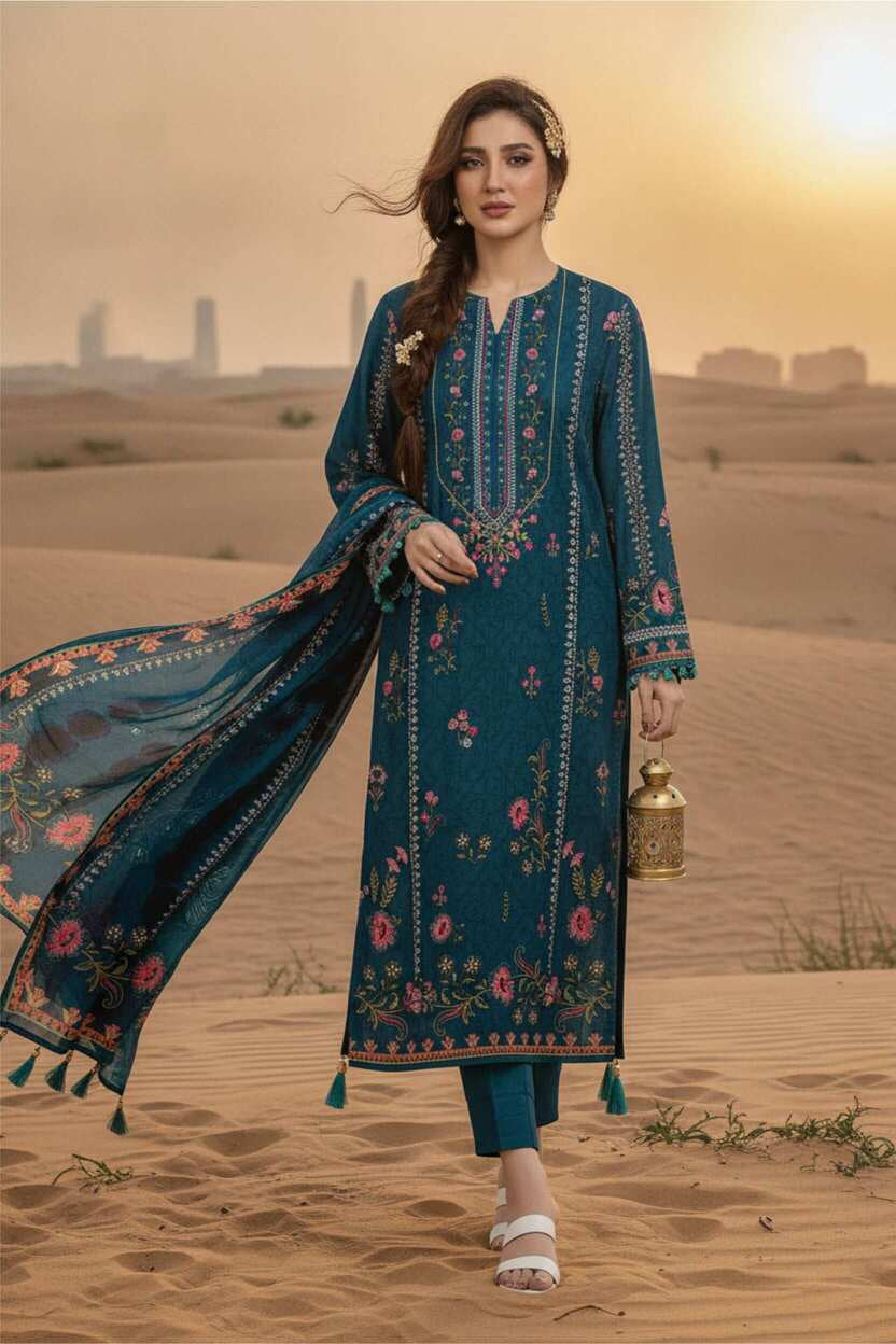 Teal blue floral printed 3-piece Pakistani lawn suit with matching dupatta and trousers, elegant and vibrant traditional attire