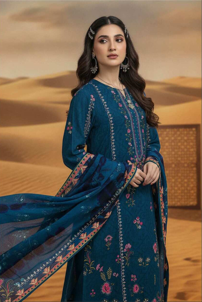 Teal blue floral printed 3-piece Pakistani lawn suit with intricate designs, showcasing elegant traditional attire from My Store.