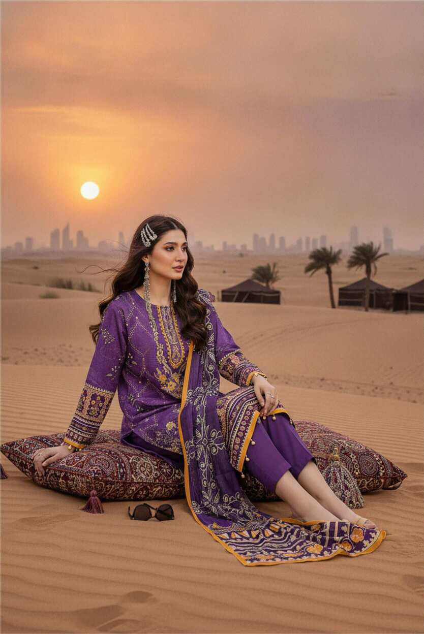 Purple digital printed 3-piece lawn suit from Rang-e-Mir collection, featuring traditional design and vibrant fabric.