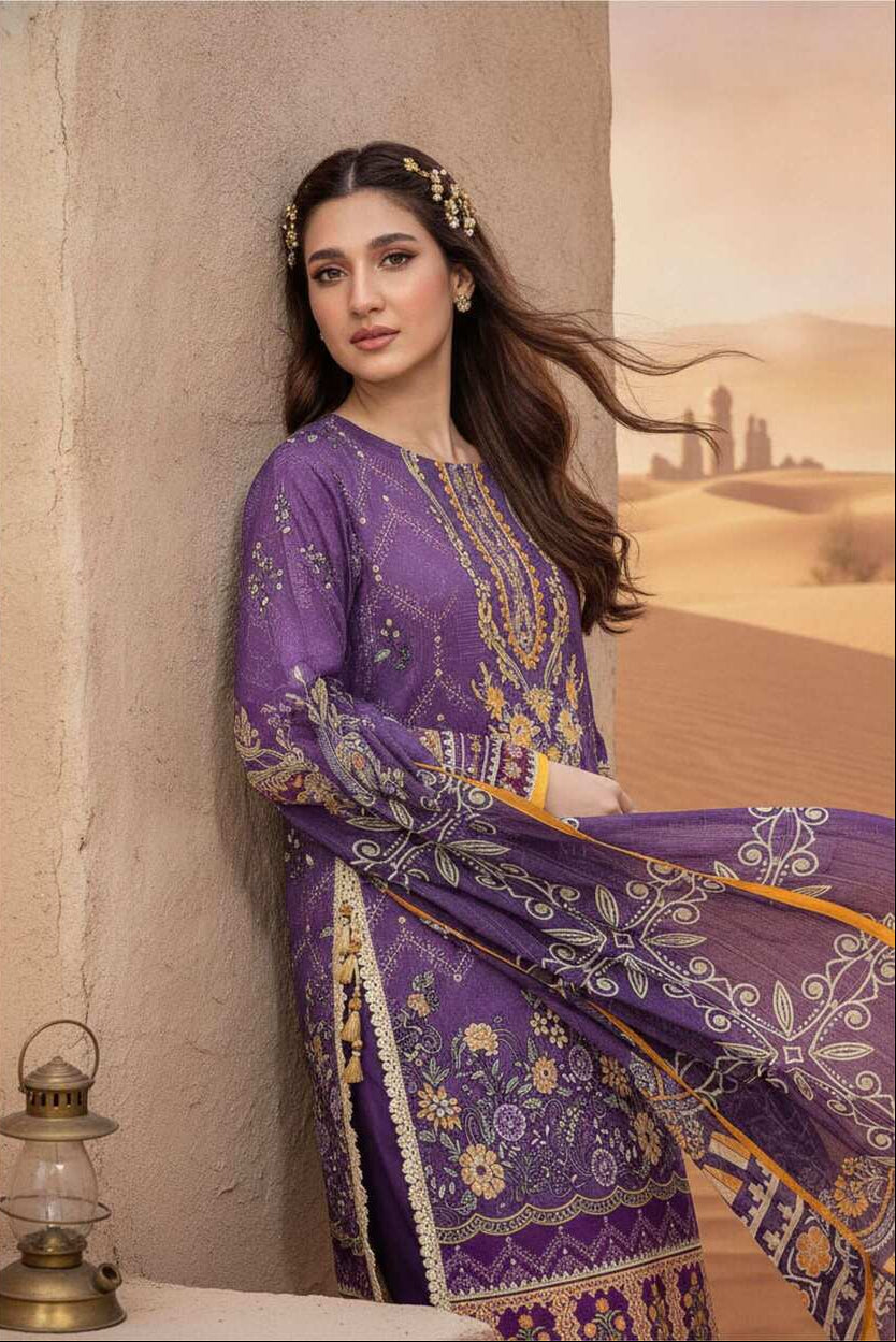 Purple Rang-e-Mir digital printed 3-piece lawn suit with intricate patterns, featuring a top, trousers, and dupatta.