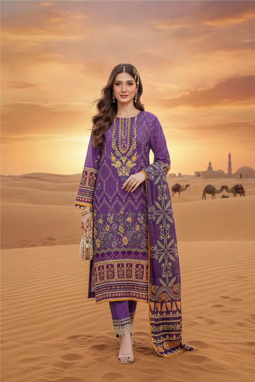 Purple digital printed 3-piece lawn suit from Rang-e-Mir by My Store, featuring intricate patterns and vibrant fabric details.