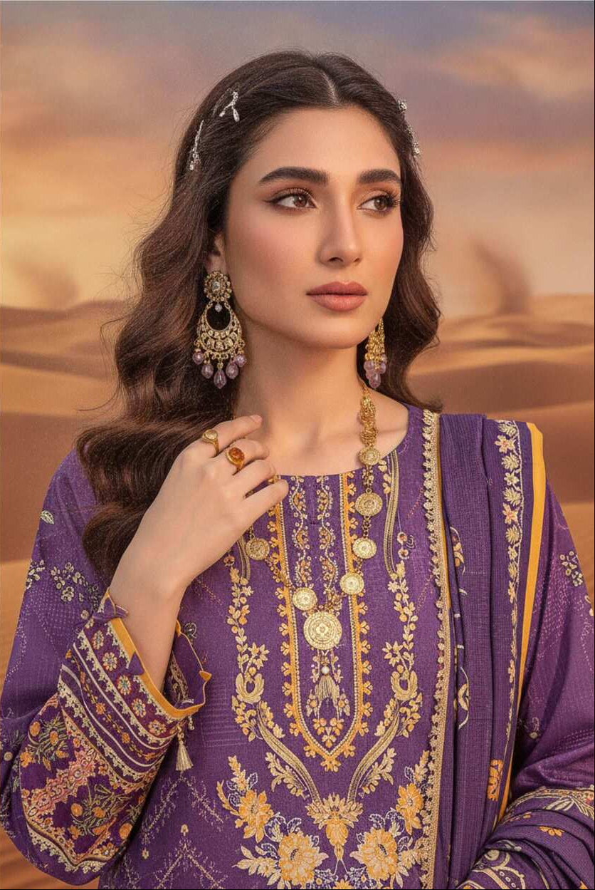 Purple digital printed 3-piece lawn suit from Rang-e-Mir featuring intricate patterns and vibrant fabric, styled for elegant summer wear.