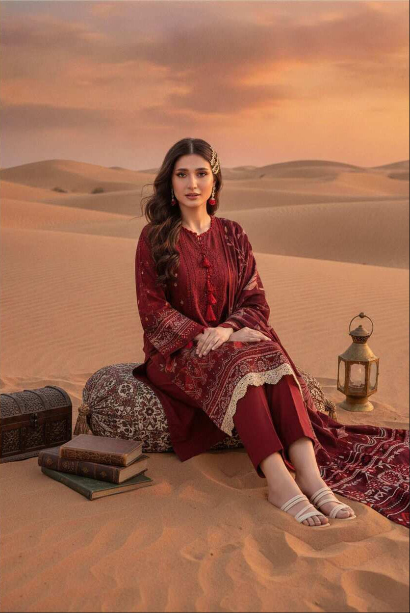 Maroon Elegance printed lawn 3-piece suit with intricate design, featuring a matching top, trousers, and dupatta.