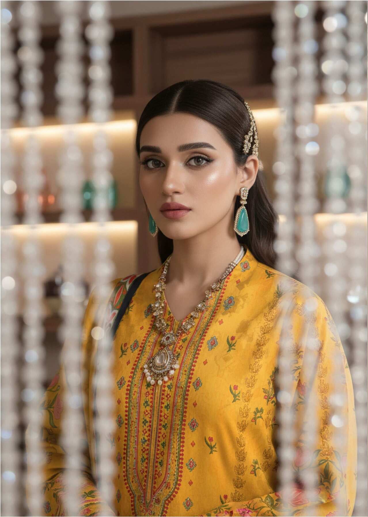 Mustard yellow floral printed 3-piece Pakistani suit with intricate embroidery, featuring a long kurta, matching trousers, and dupatta.