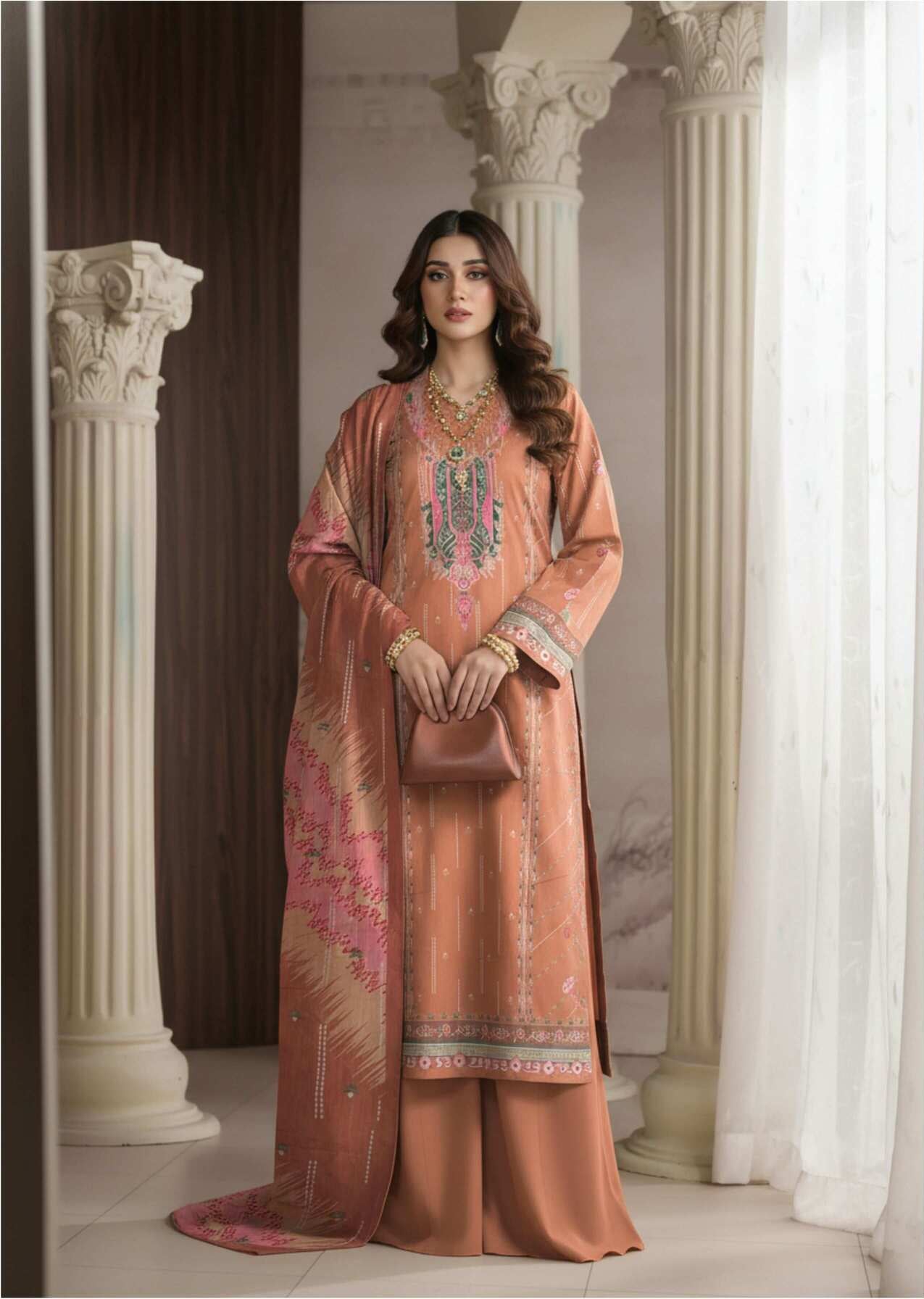 Elegant peach printed 3-piece suit from the Pakistani collection, featuring traditional design and intricate fabric details.