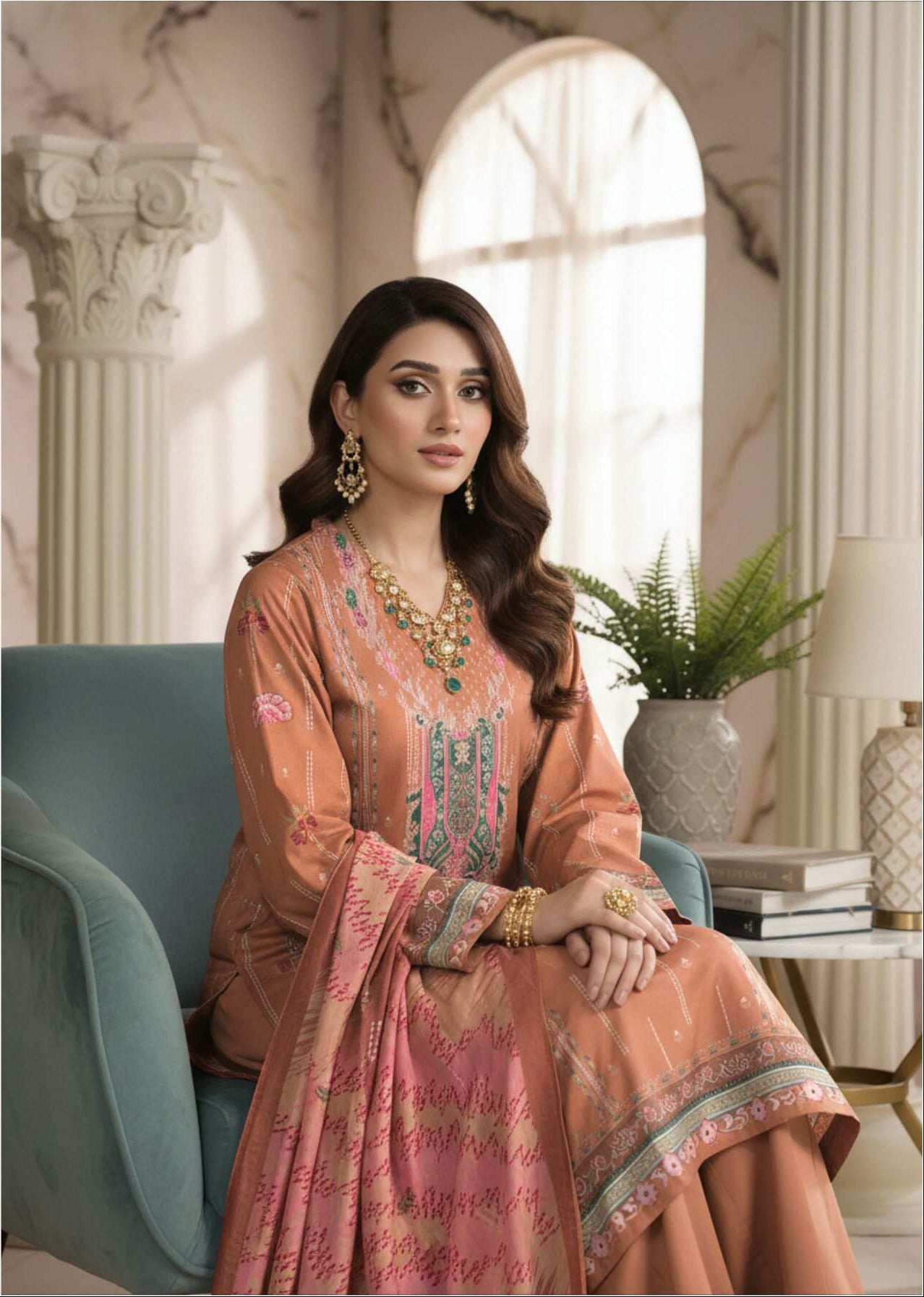 Elegant peach printed 3-piece suit from the Pakistani collection, featuring traditional design and premium fabric.