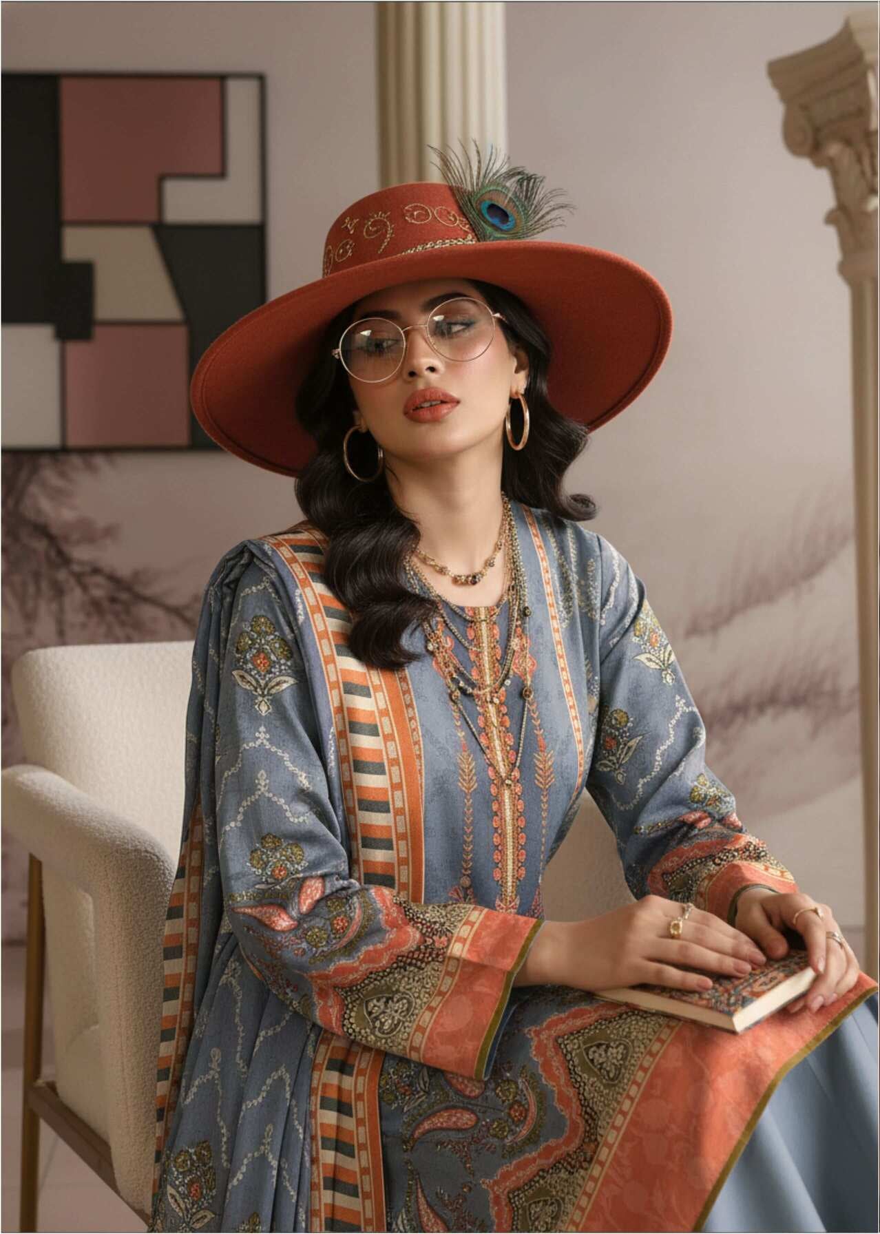 Elegant slate blue printed 3-piece Pakistani suit with intricate design, showcasing the premium fabric and tailored fit from My Store