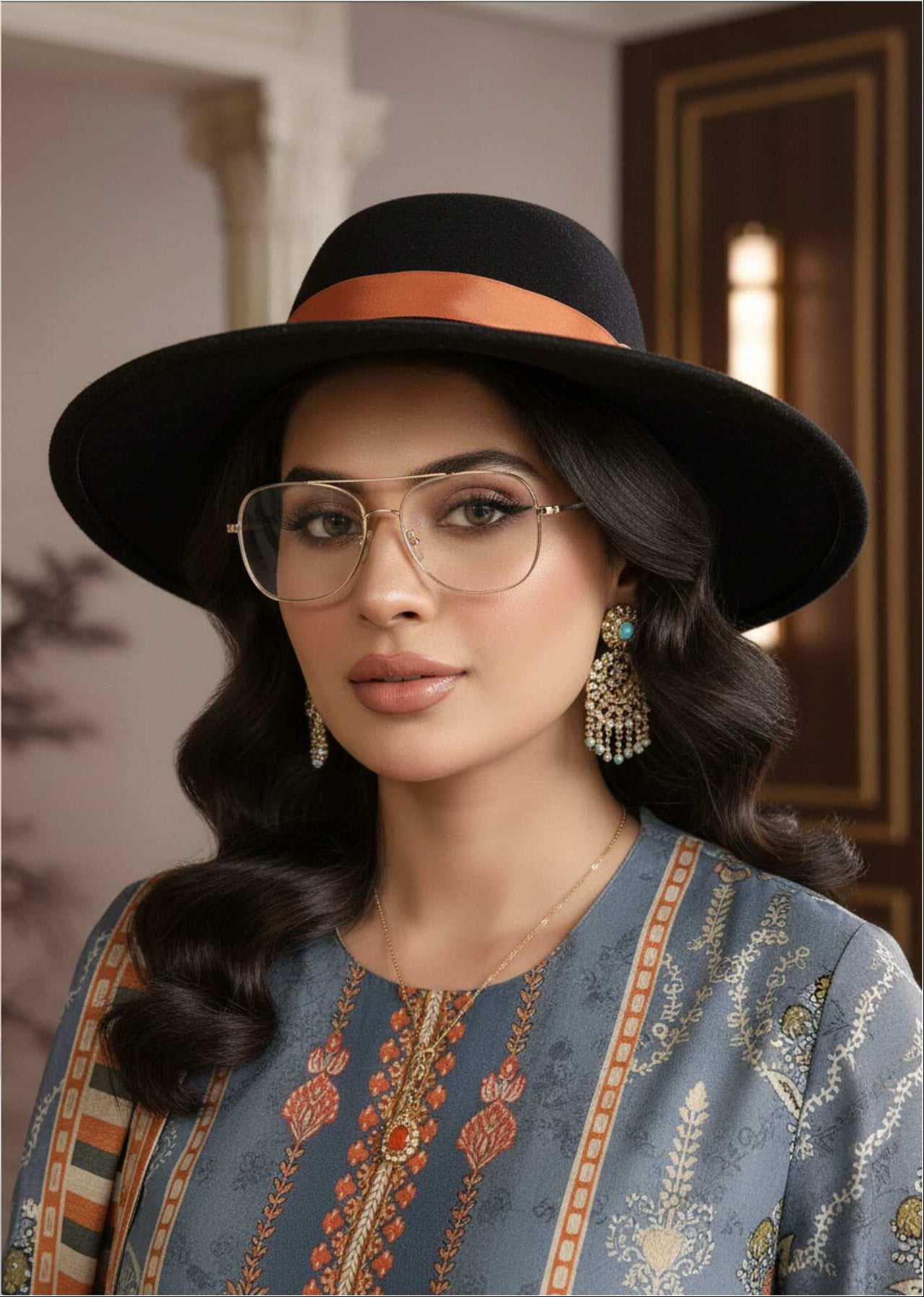 Elegant slate blue printed 3-piece suit from the Pakistani collection, featuring intricate design and tailored fit.