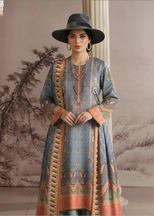 Elegant slate blue printed 3-piece Pakistani suit with intricate design, featuring kurta, shalwar, and dupatta, from premium collection.