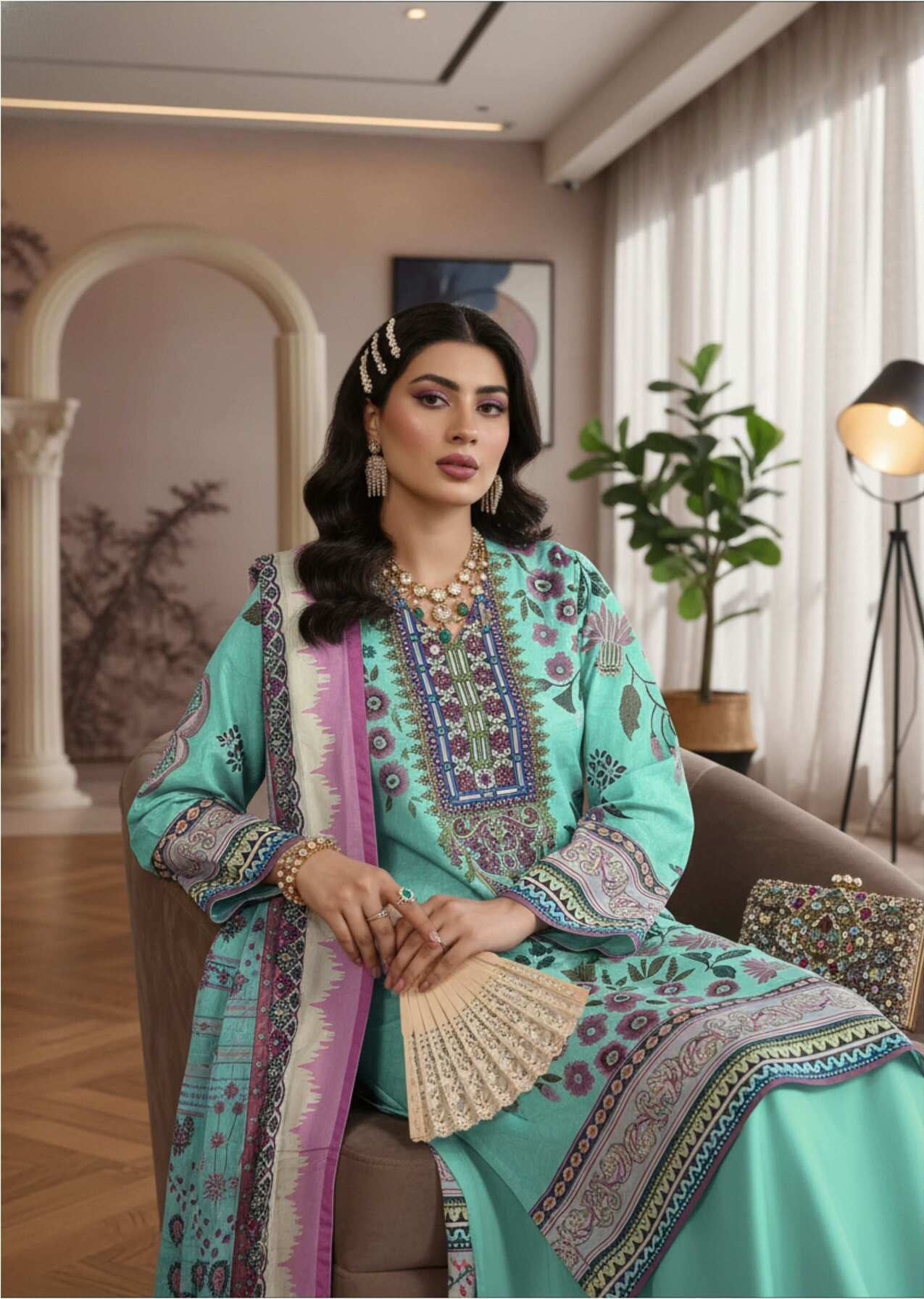 Mint green printed 3-piece Pakistani suit featuring elegant design, with intricate patterns and matching dupatta and trousers.