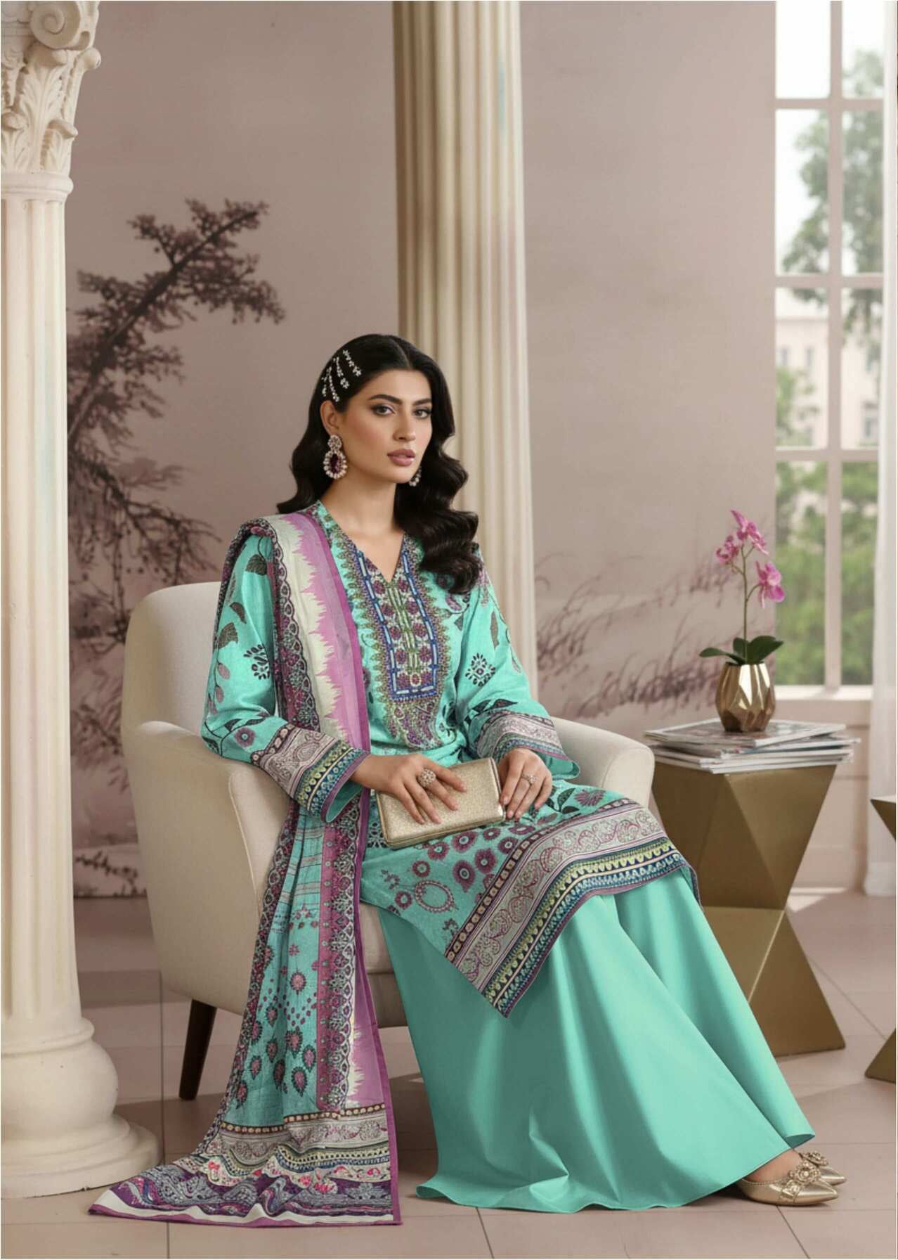 Elegant mint green printed 3-piece Pakistani suit with intricate patterns and matching dupatta, designed by My Store.