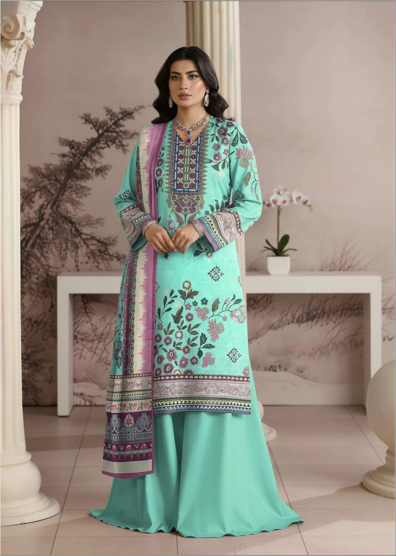Elegant mint green printed 3-piece Pakistani suit with intricate embroidery and matching dupatta, showcasing traditional craftsmanship.
