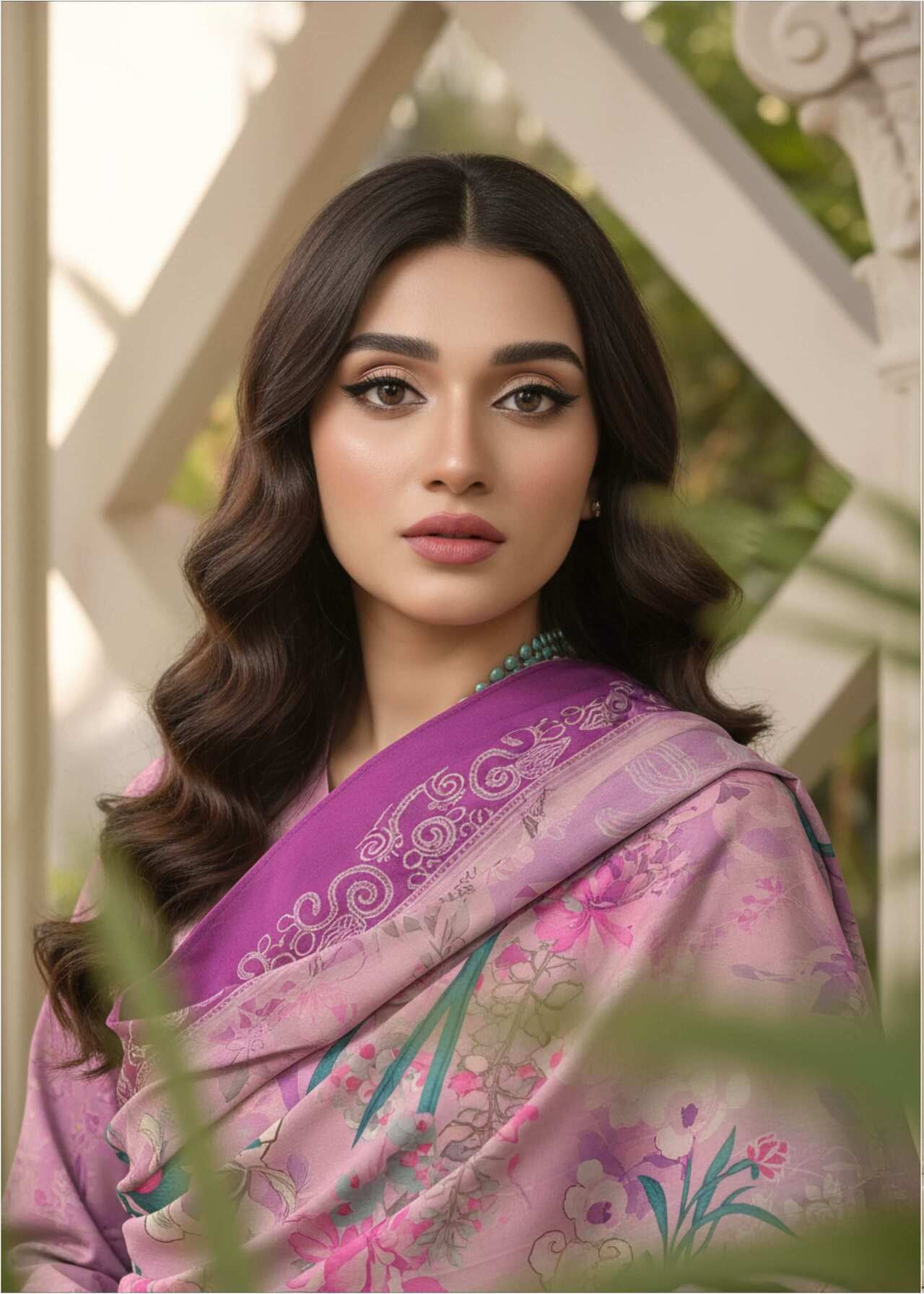 Elegant pink floral printed 3-piece suit from the Pakistani collection featuring intricate designs and premium fabric.