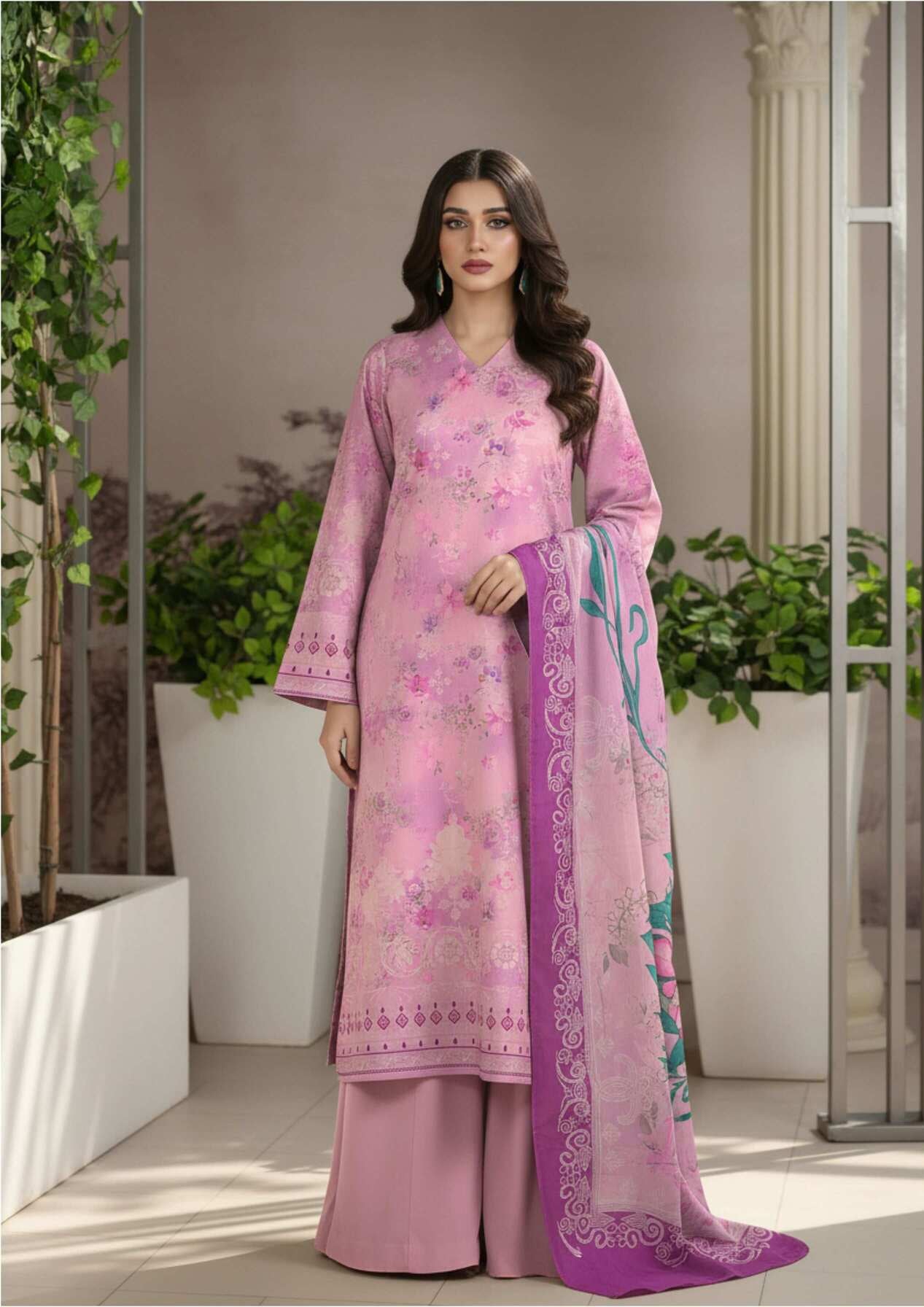 Elegant pink floral printed 3-piece Pakistani suit with matching dupatta, featuring intricate embroidery and vibrant design.
