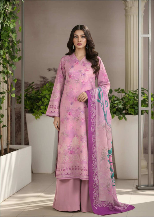 Elegant pink floral printed 3-piece Pakistani suit with matching dupatta, featuring intricate embroidery and vibrant design.