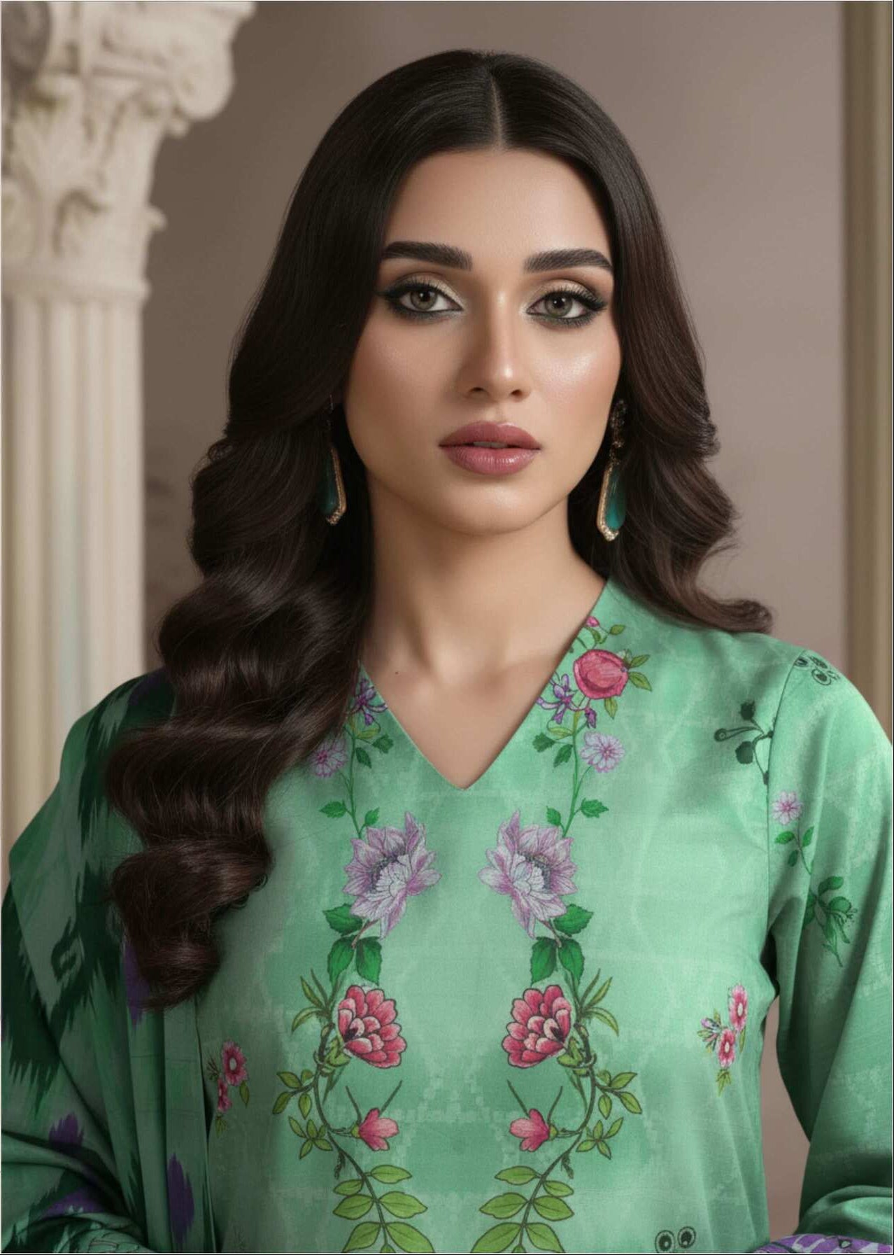 Mint green printed lawn suit, elegant 3-piece Pakistani ensemble with intricate designs, featuring kurta, trousers, and dupatta.